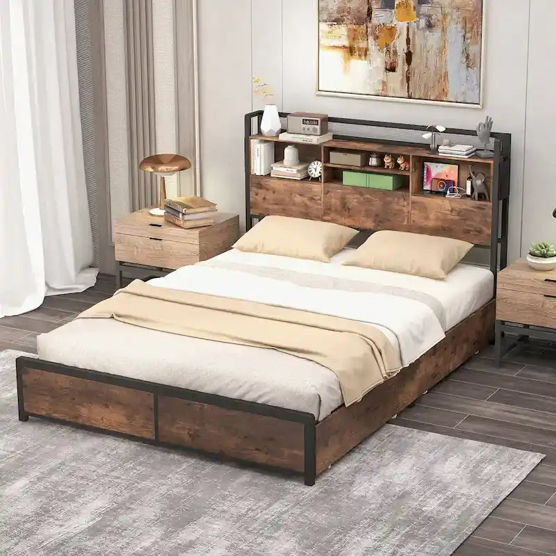 Queen Size Bed Frame w/ Bookcase Headboard & 4 Storage Drawers