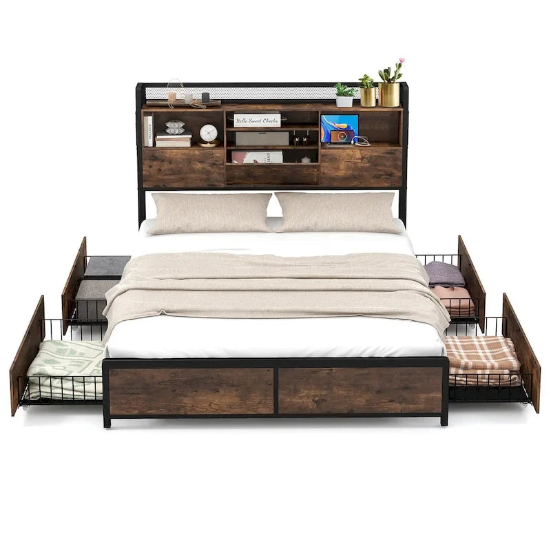 Queen Size Bed Frame w/ Bookcase Headboard & 4 Storage Drawers
