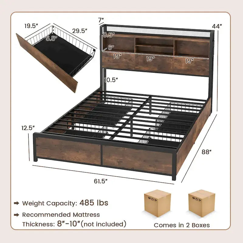 Queen Size Bed Frame w/ Bookcase Headboard & 4 Storage Drawers