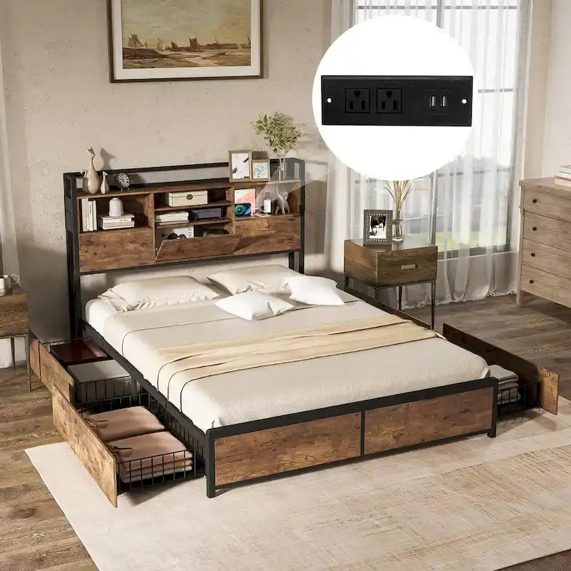 Queen Size Bed Frame w/ Bookcase Headboard & 4 Storage Drawers