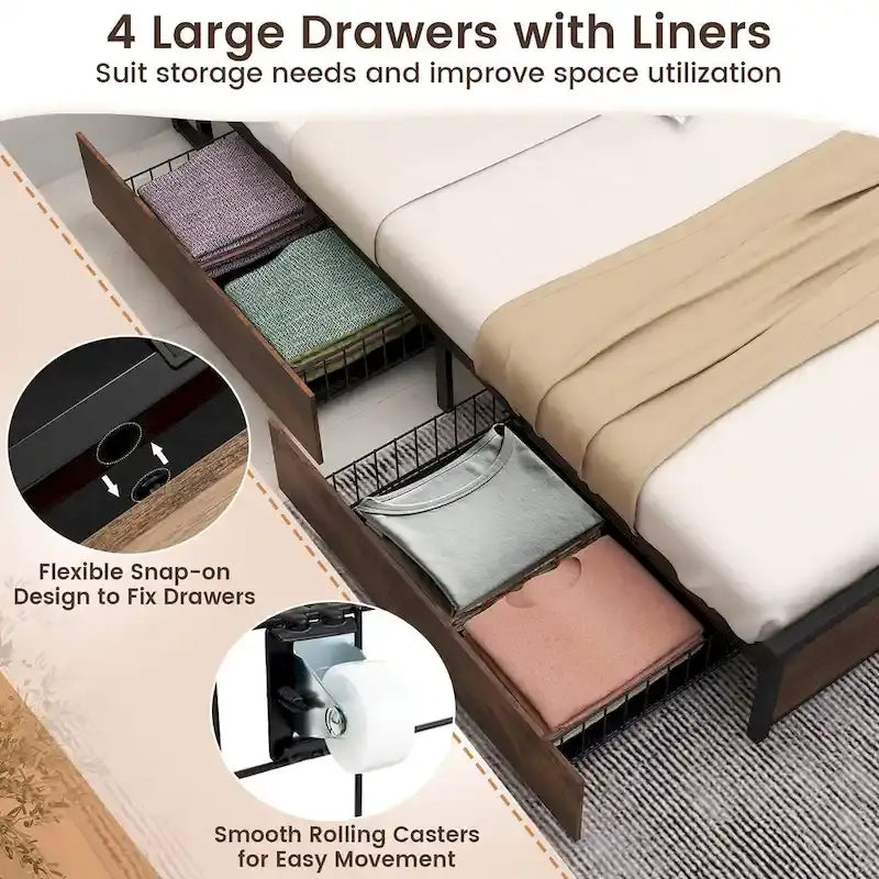 Queen Size Bed Frame w/ Bookcase Headboard & 4 Storage Drawers