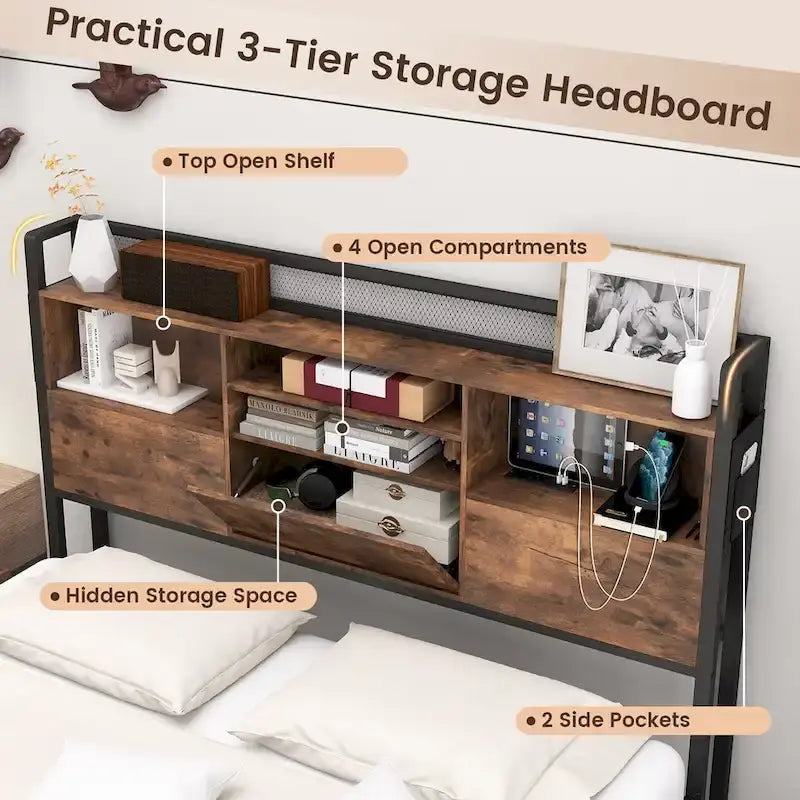 Queen Size Bed Frame w/ Bookcase Headboard & 4 Storage Drawers