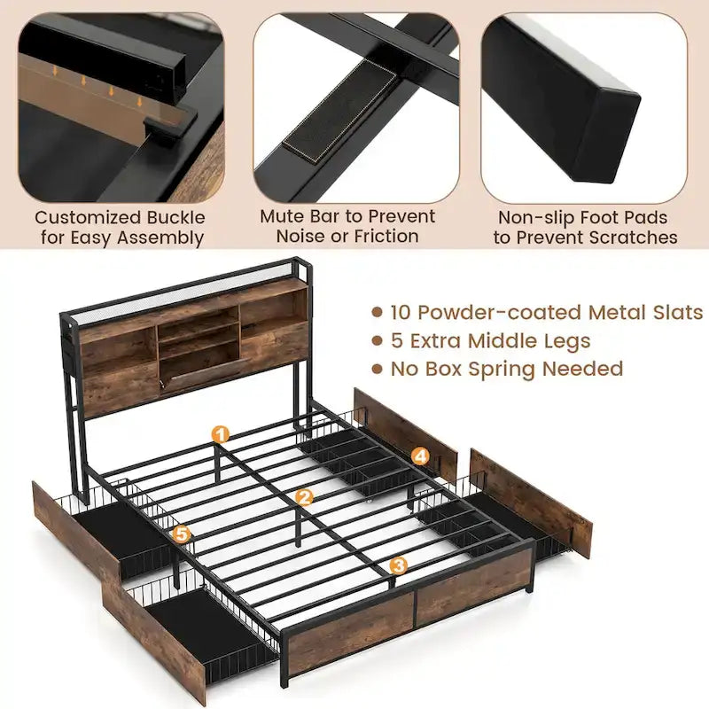 Queen Size Bed Frame w/ Bookcase Headboard & 4 Storage Drawers