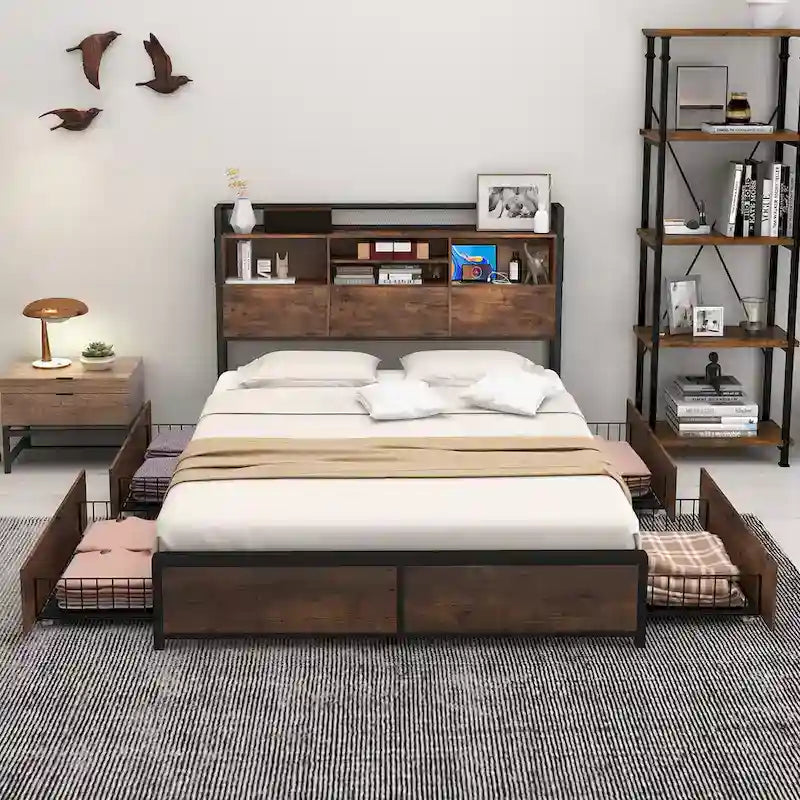 Queen Size Bed Frame w/ Bookcase Headboard & 4 Storage Drawers
