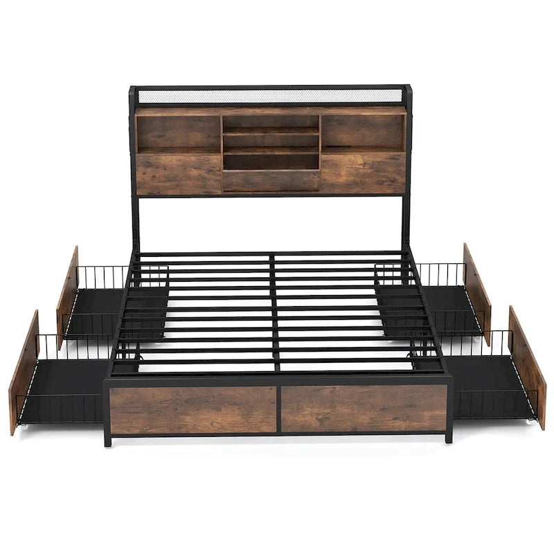 Queen Size Bed Frame w/ Bookcase Headboard & 4 Storage Drawers