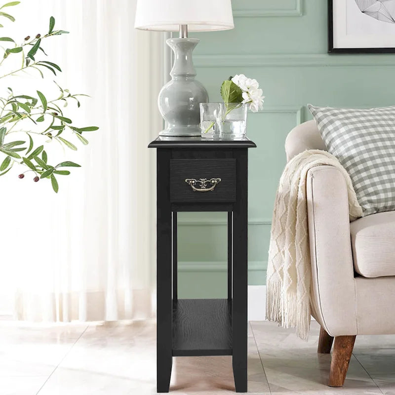 2 Tier End Bedside Sofa Side Table Narrow Nightstand w/Drawer - See Details