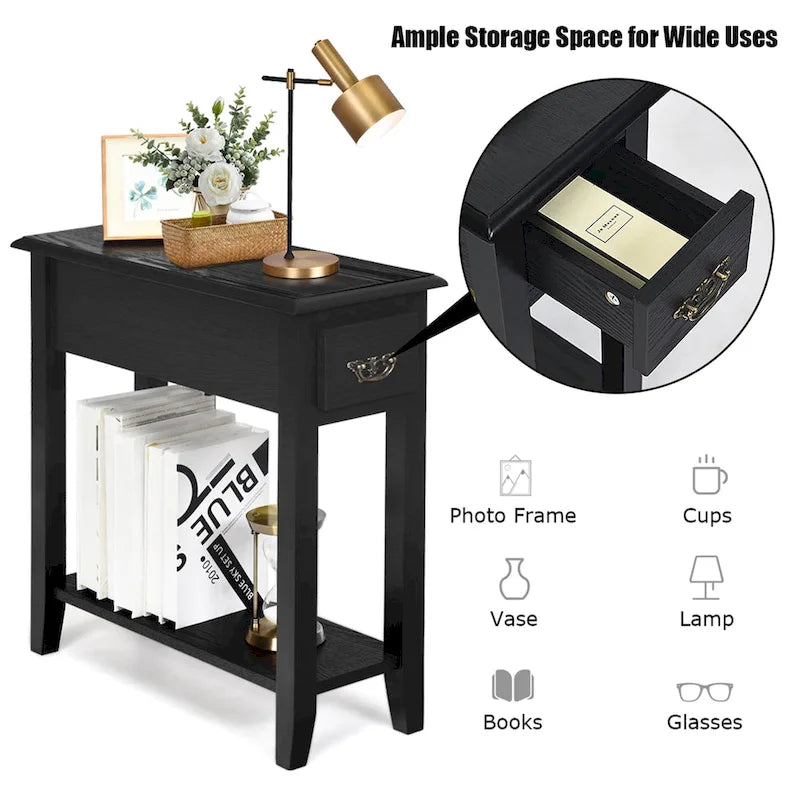 2 Tier End Bedside Sofa Side Table Narrow Nightstand w/Drawer - See Details