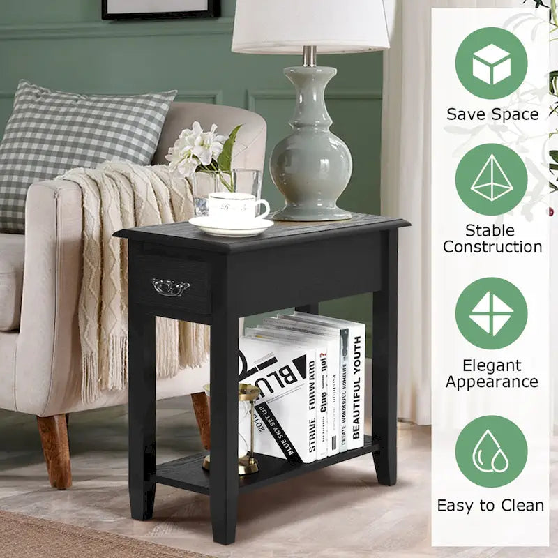 2 Tier End Bedside Sofa Side Table Narrow Nightstand w/Drawer - See Details