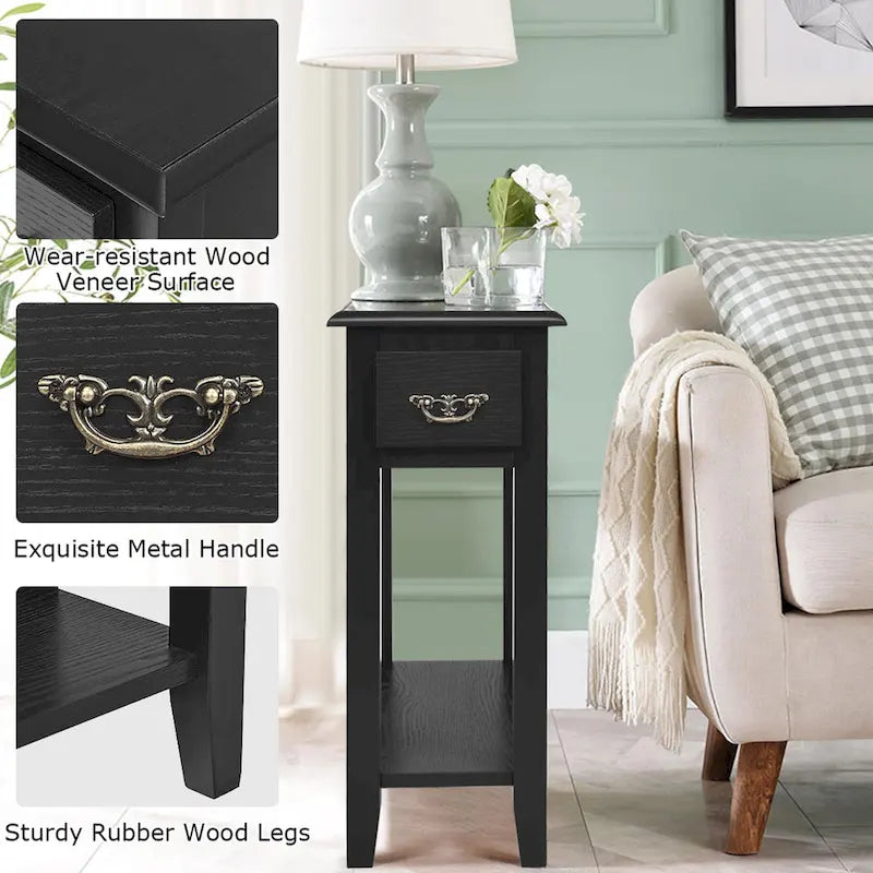 2 Tier End Bedside Sofa Side Table Narrow Nightstand w/Drawer - See Details