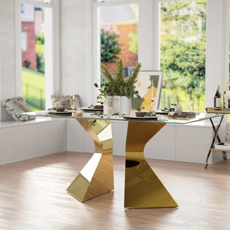 63 inch Glass Dining Table Modern Dining Room Table for 4-6 with Rectangle Tempered Glass Top and Metal Legs