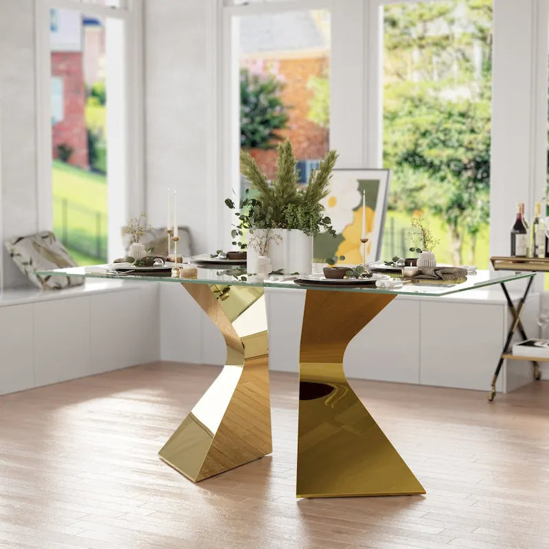 63 inch Glass Dining Table Modern Dining Room Table for 4-6 with Rectangle Tempered Glass Top and Metal Legs