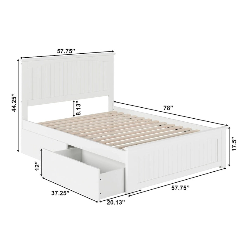 Full Platform Bed with 2 Bed Drawers in White