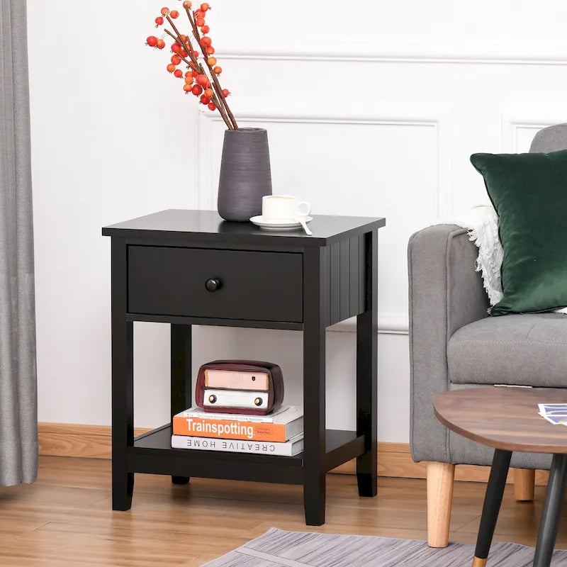 Modern Style Bedside End Table with Drawer and Storage Shelf for Bedroom, or Living Room - 19.75x13.75x23.5