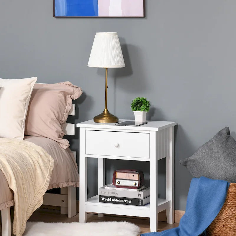 Modern Style Bedside End Table with Drawer and Storage Shelf for Bedroom, or Living Room - 19.75x13.75x23.5