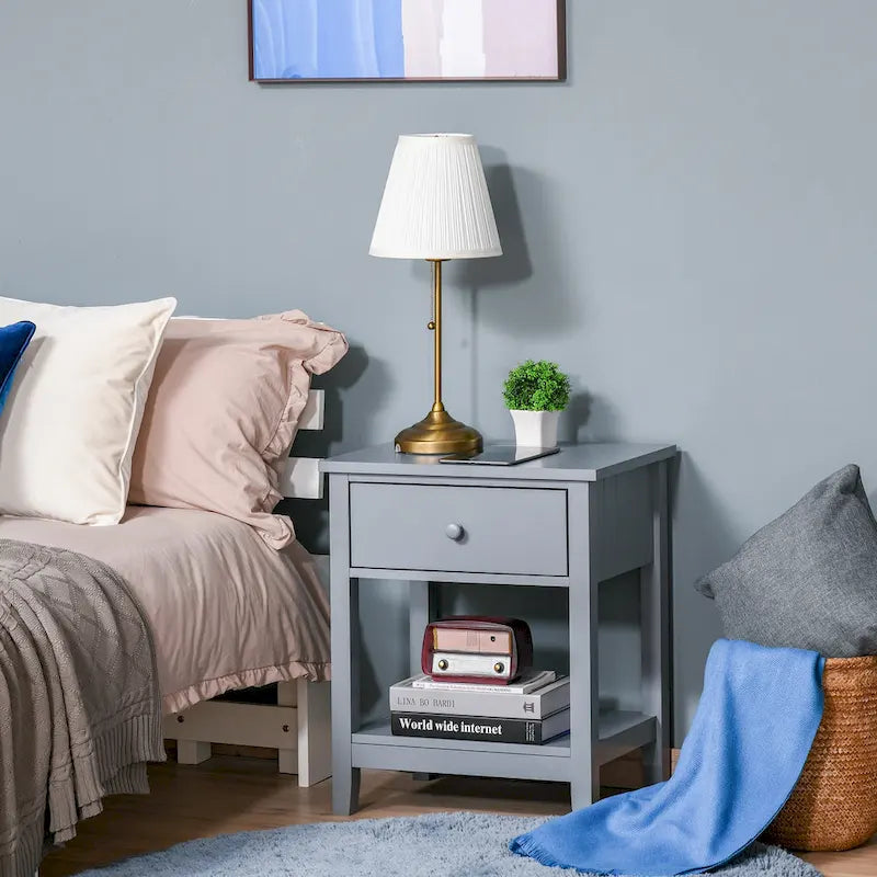 Modern Style Bedside End Table with Drawer and Storage Shelf for Bedroom, or Living Room - 19.75x13.75x23.5