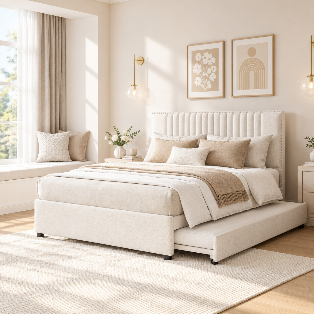 Gepolstertes Plattformbett in voller Größe mit 2 Schubladen und 1 ausziehbarem Einzelbett, klassisches Kopfteil-Design, Beige