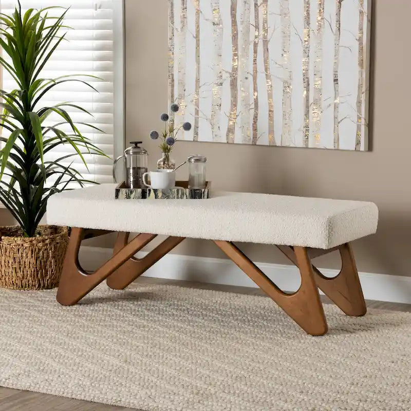 Rika Japandi Cream Boucle Fabric and Walnut Brown Finished Wood Bench