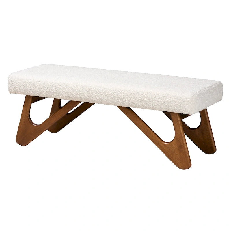 Japandi Cream Boucle Fabric and Walnut Brown Finished Wood Bench
