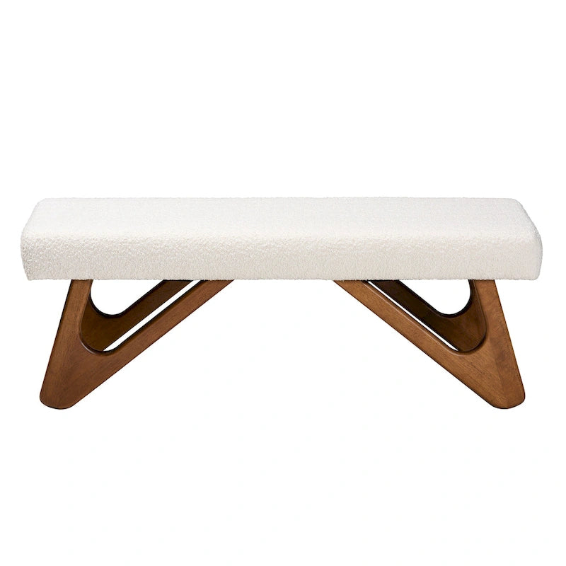 Japandi Cream Boucle Fabric and Walnut Brown Finished Wood Bench