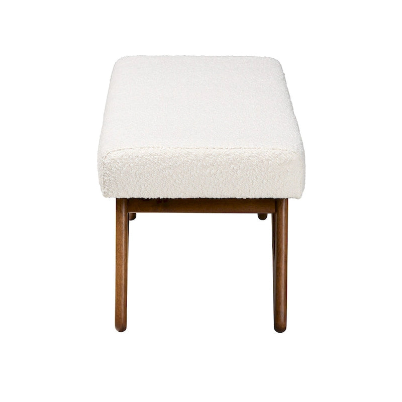 Japandi Cream Boucle Fabric and Walnut Brown Finished Wood Bench