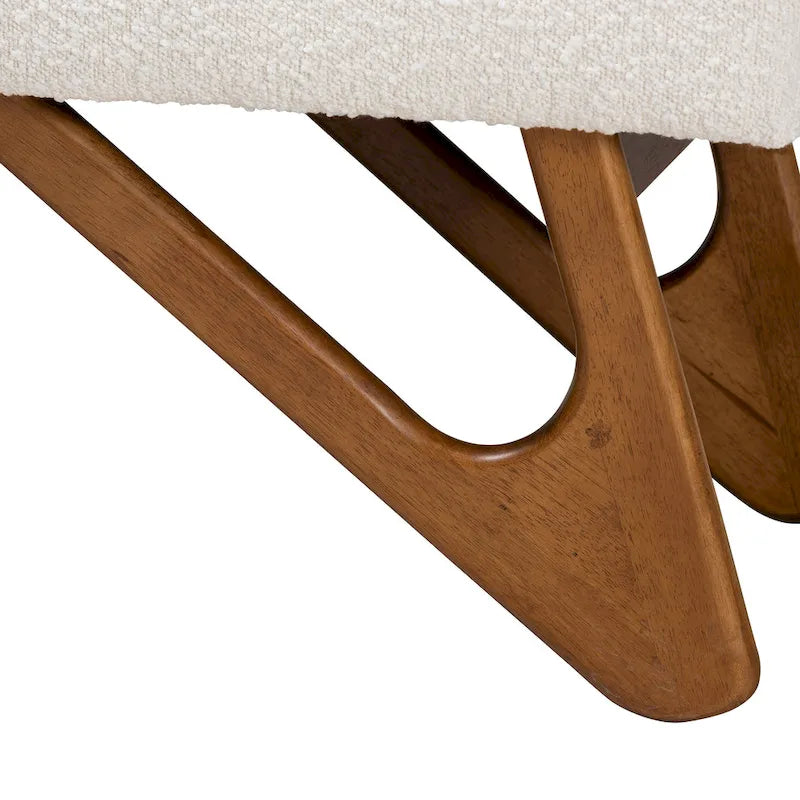 Japandi Cream Boucle Fabric and Walnut Brown Finished Wood Bench