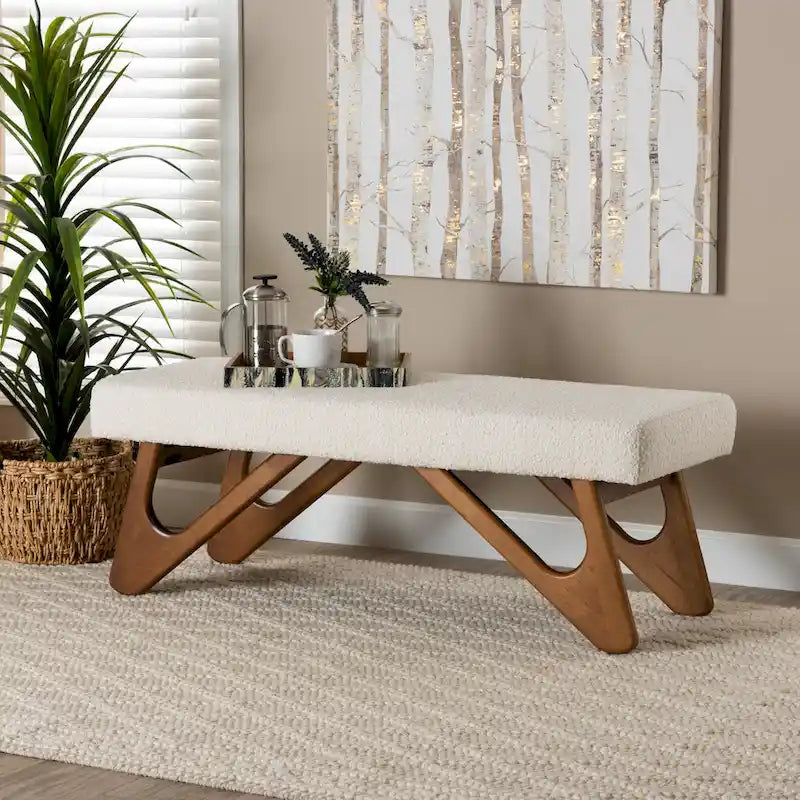 Japandi Cream Boucle Fabric and Walnut Brown Finished Wood Bench