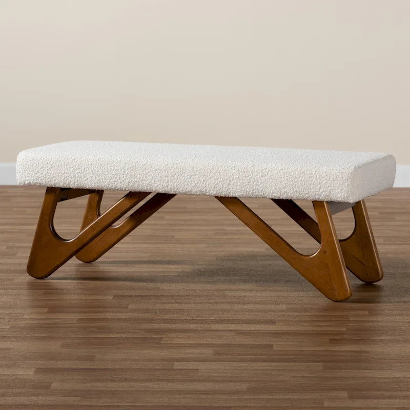 Japandi Cream Boucle Fabric and Walnut Brown Finished Wood Bench