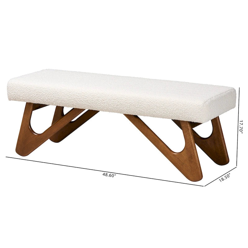 Japandi Cream Boucle Fabric and Walnut Brown Finished Wood Bench