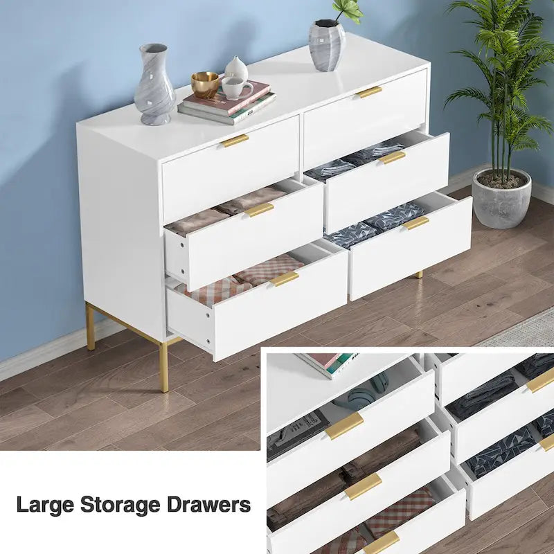 Modern 6-Drawer Double Dresser for Bedroom Wood Chest of Drawers White Wide Storage