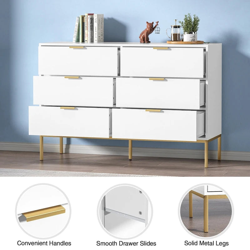 Modern 6-Drawer Double Dresser for Bedroom Wood Chest of Drawers White Wide Storage