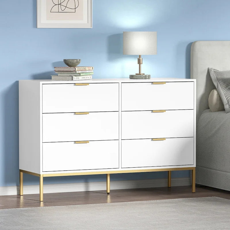 Modern 6-Drawer Double Dresser for Bedroom Wood Chest of Drawers White Wide Storage