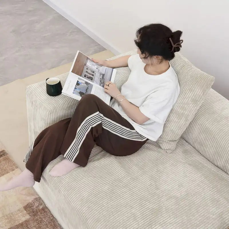 Comfy Corduroy Upholstered Deep Seat Sofa & Couch With Wood Legs and 4 Pillows
