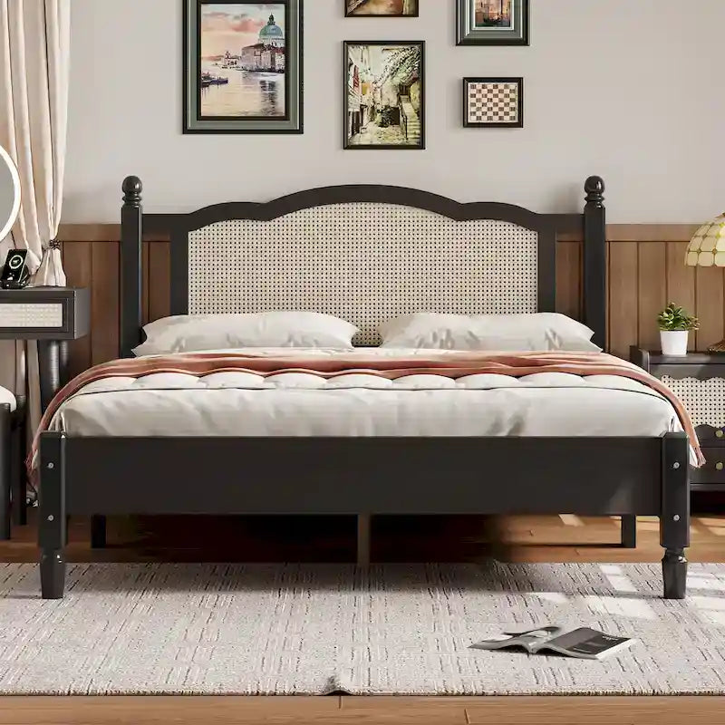 Queen/Full Size Wood Platform Bed with Natural Rattan Headboard, Vintage Bed Frame