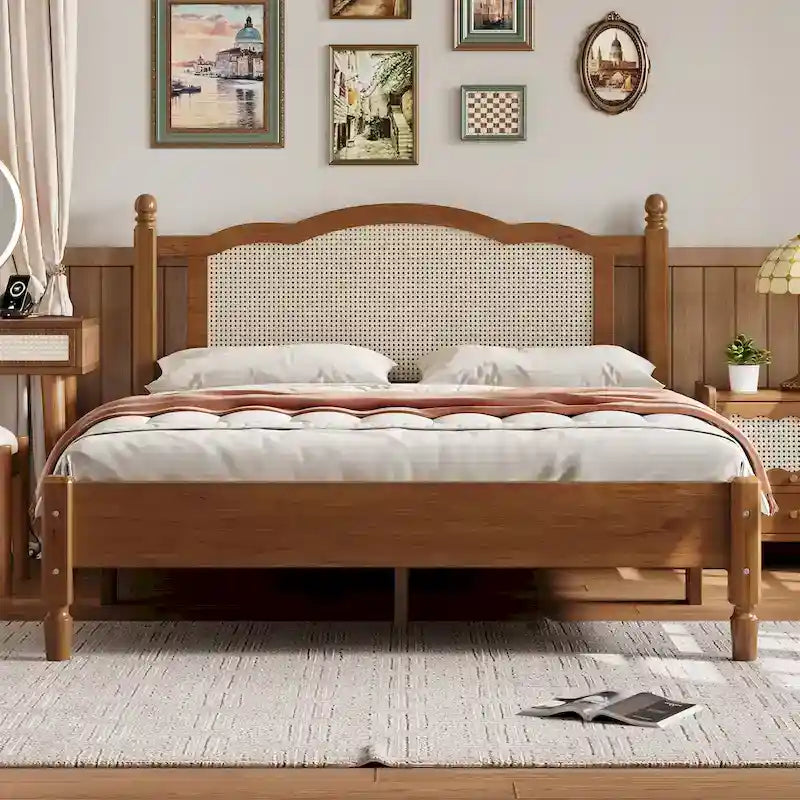 Queen/Full Size Wood Platform Bed with Natural Rattan Headboard, Vintage Bed Frame