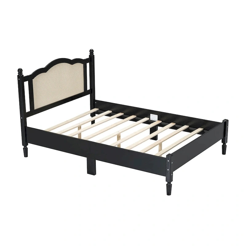 Queen/Full Size Wood Platform Bed with Natural Rattan Headboard, Vintage Bed Frame