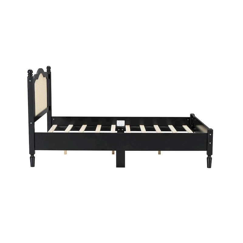 Queen/Full Size Wood Platform Bed with Natural Rattan Headboard, Vintage Bed Frame