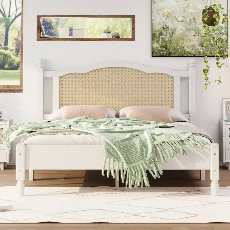 Holzplattformbett in Queen-/Full-Size mit Kopfteil aus natürlichem Rattan, Vintage-Bettrahmen